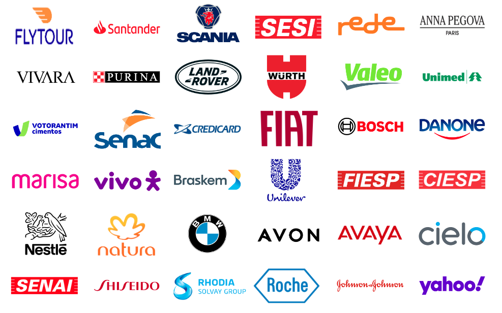 Logos de clientes: Santander, BMW, Fiat, Nestlé, Natura, Johnson & Johnson, Unilever, Bosch, Roche, Vivara e outras