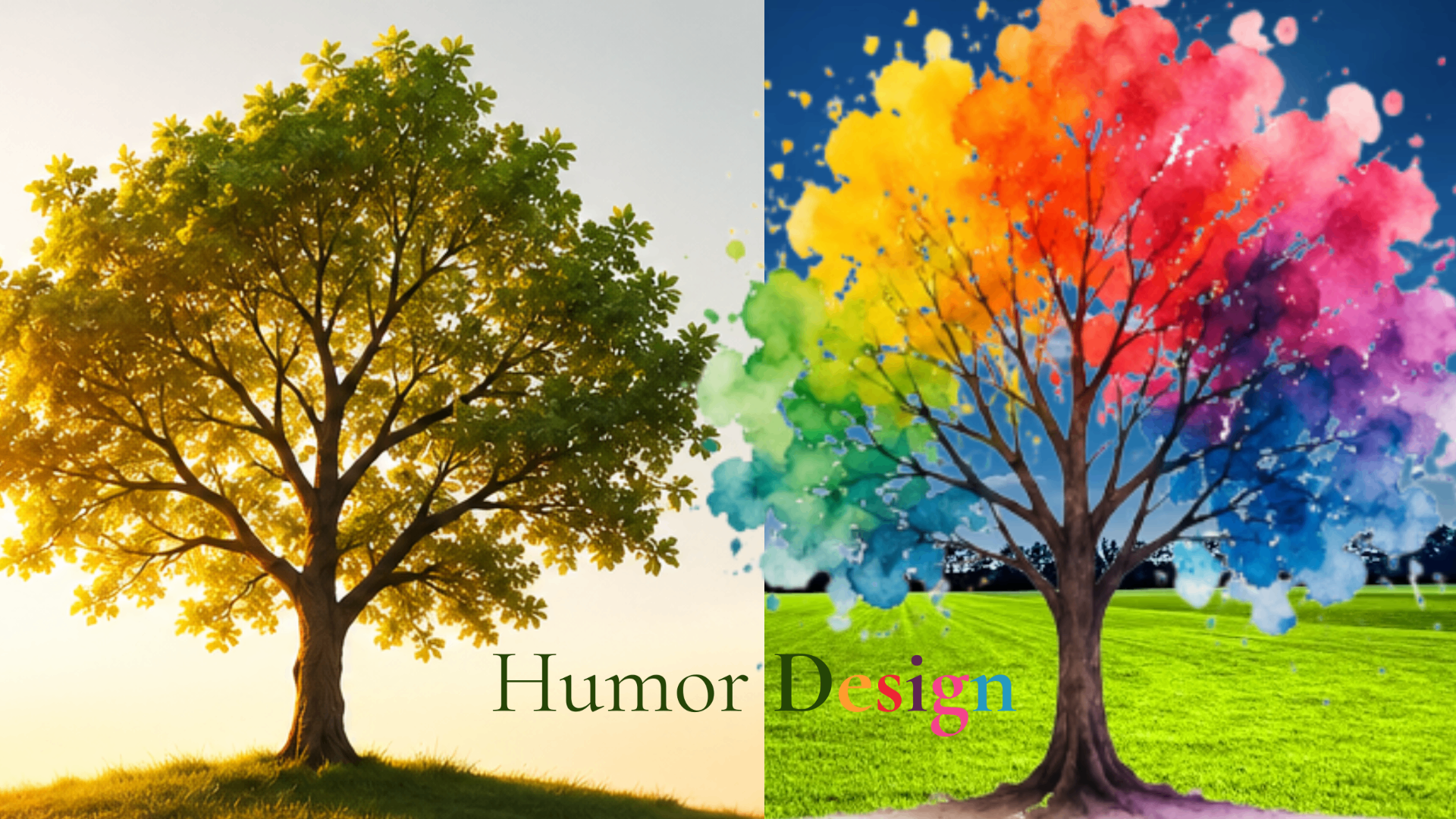 Humor Design — duas árvores, uma realista e outra em aquarela colorida